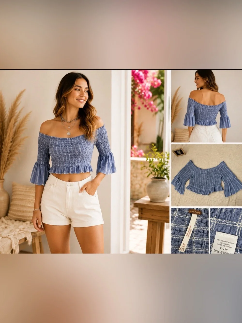 Free People Blue Smocked Off-Shoulder Crop Top